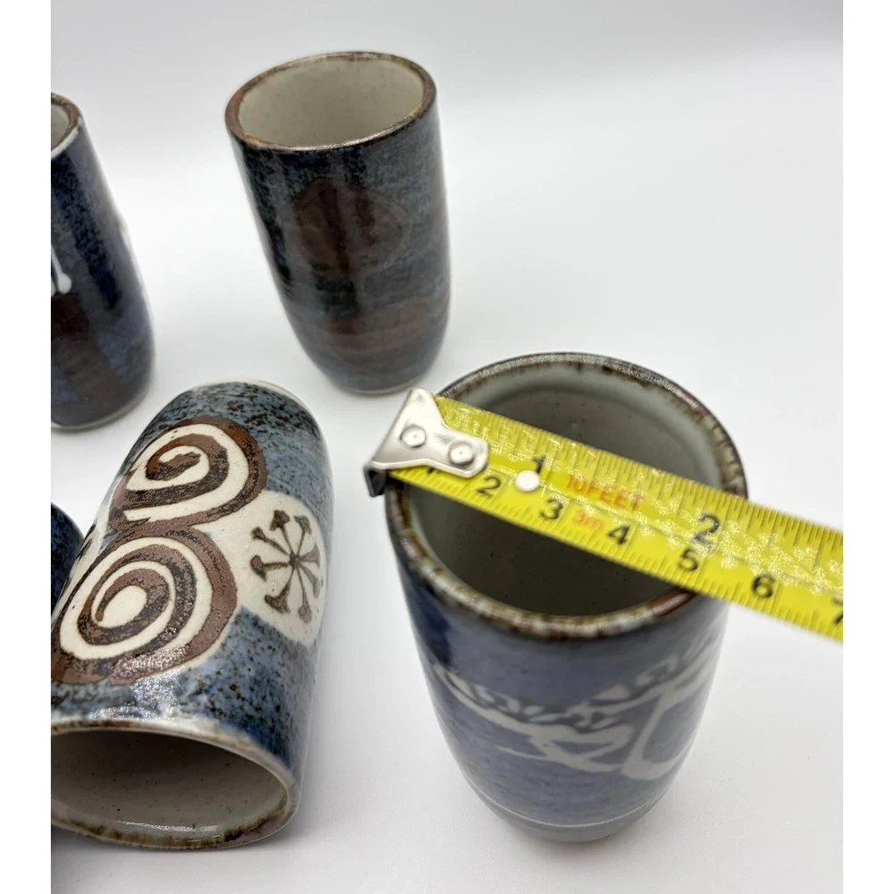 Studio Pottery Stoneware‎ Yunomi Tea Cups Set of 6 Blue Glaze Hand Painted Decor